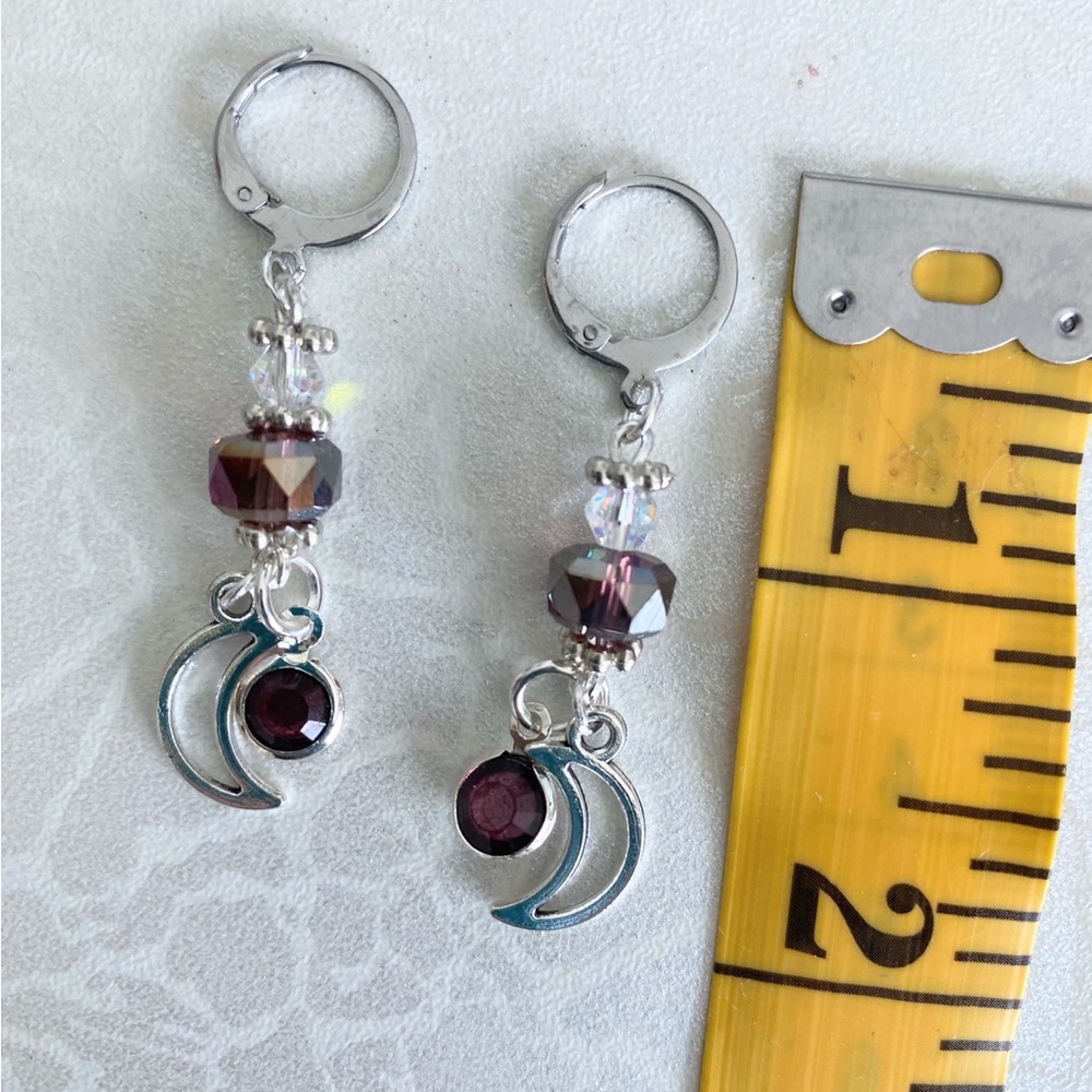 Silver Moon Drop Earrings with Deep Plum Crystals - Picture 3 of 3